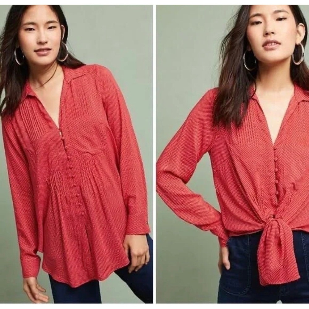 Maeve Anthropologie Red Polka Dot Pintuck Button Down Blouse Small Flowy Fall